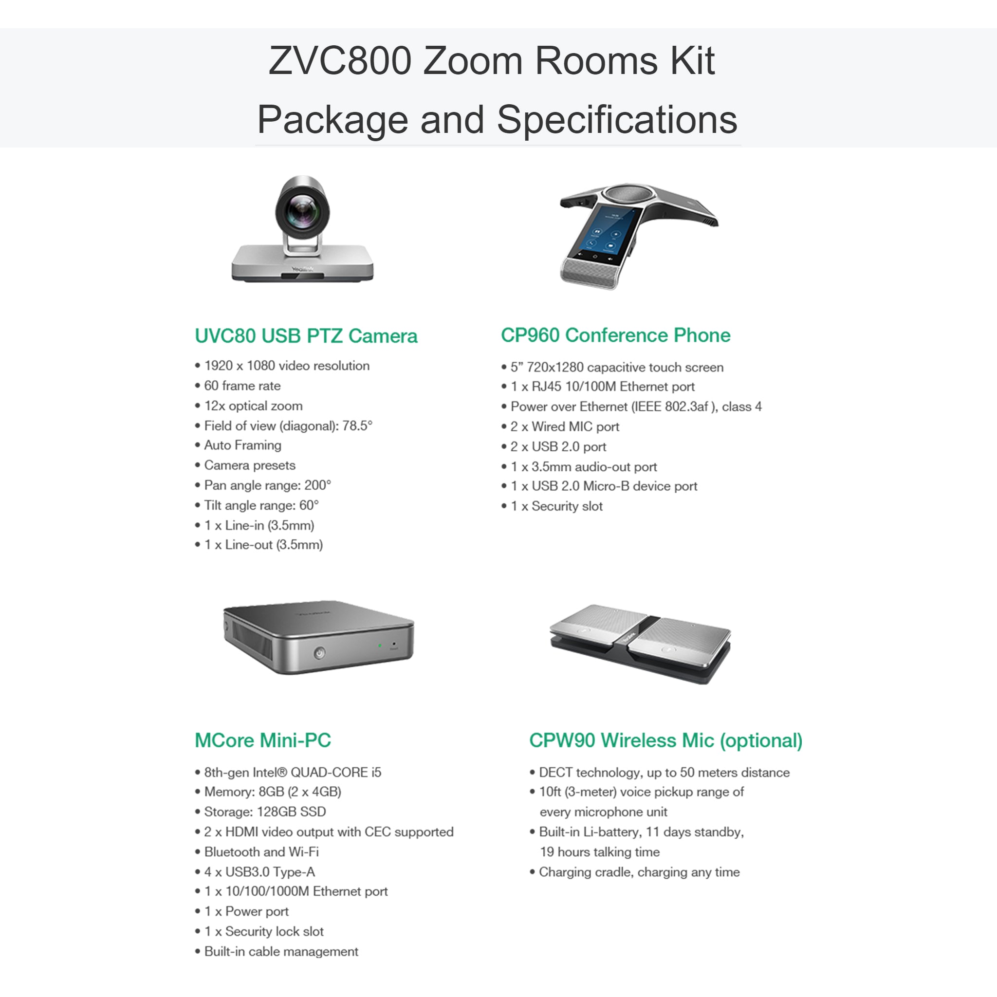 Yealink ZVC800 - Zoom Rooms Video Conferencing ZVC800 Bundle Specifications  | AL-VoIP Store